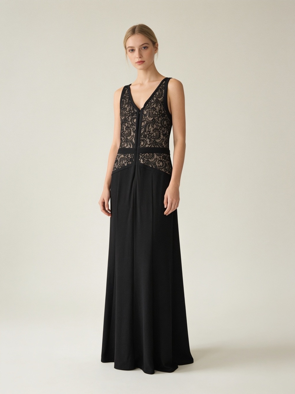 NWT Lauren Ralph Lauren Black Lace Illusion Sleeveless V-Neck Formal Maxi Gown 8